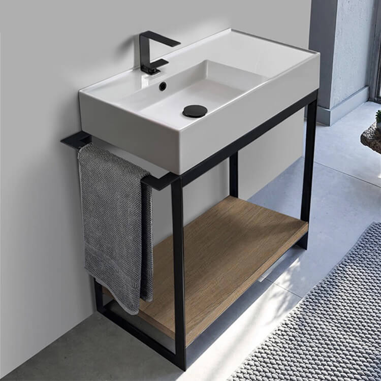 Scarabeo 5115-SOL2-89-One Hole Console Sink Vanity With Ceramic Sink and Natural Brown Oak Shelf